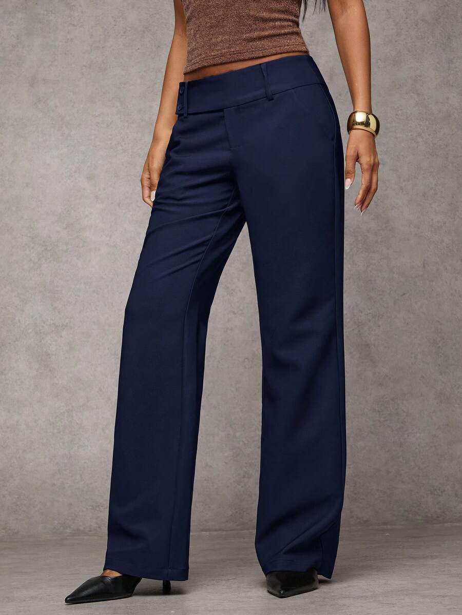 Antonia Low Rise Flare Leg Tailored Trousers with Pockets - Navy Blue