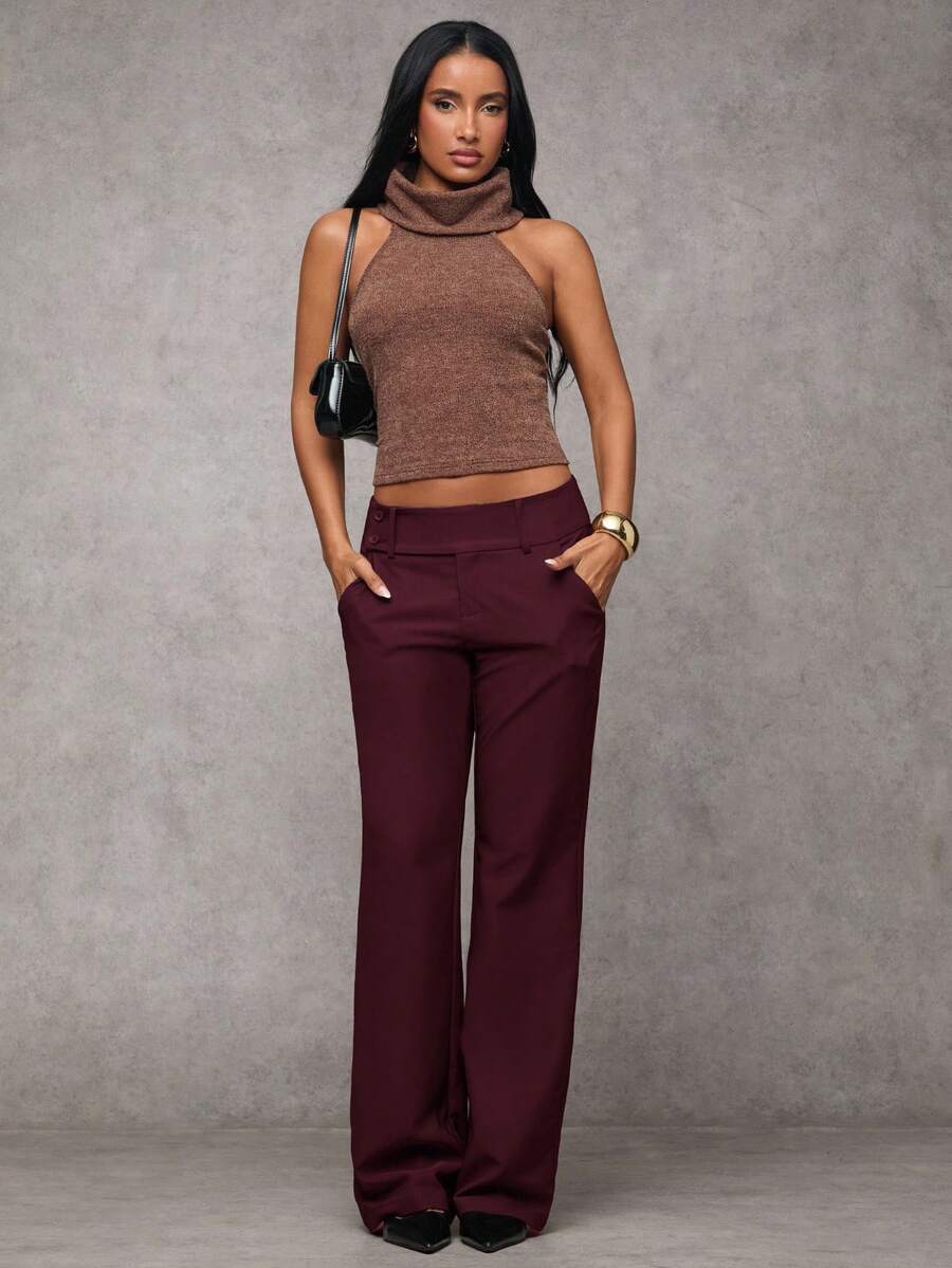 Antonia Low Rise Flare Leg Tailored Trousers with Pockets - Maroon