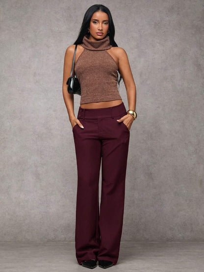 Antonia Low Rise Flare Leg Tailored Trousers with Pockets - Maroon