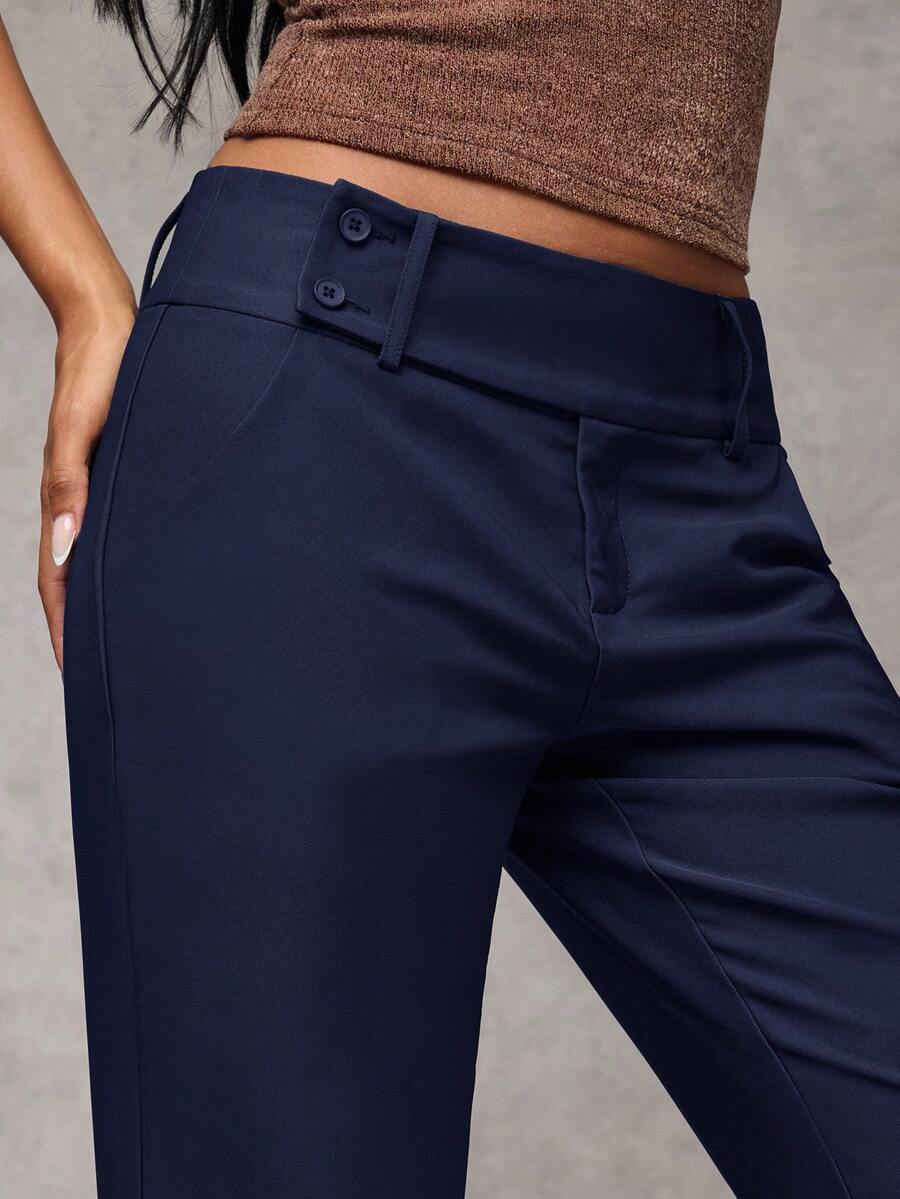 Antonia Low Rise Flare Leg Tailored Trousers with Pockets - Navy Blue