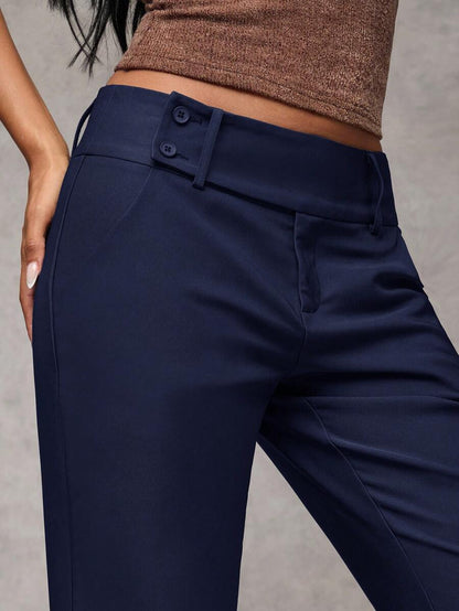 Antonia Low Rise Flare Leg Tailored Trousers with Pockets - Navy Blue