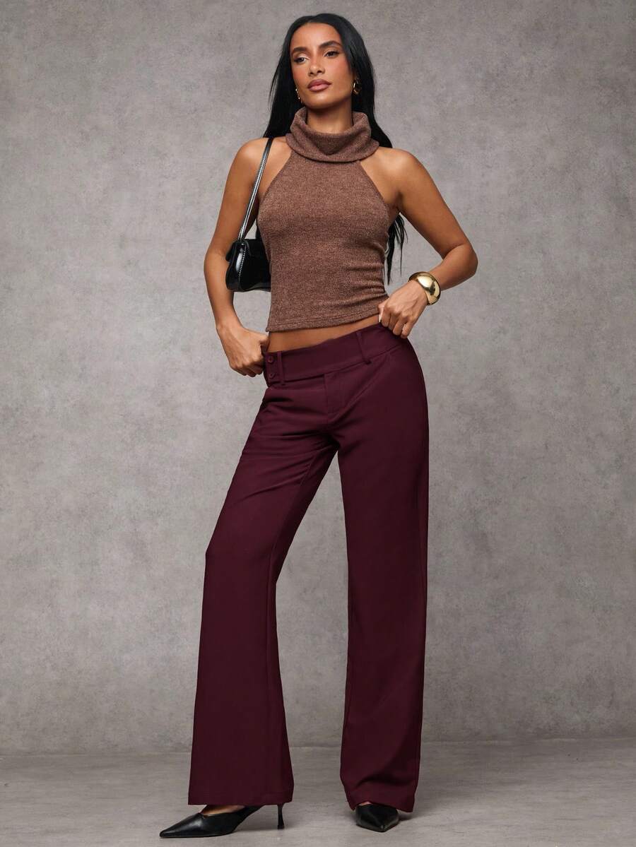 Antonia Low Rise Flare Leg Tailored Trousers with Pockets - Maroon