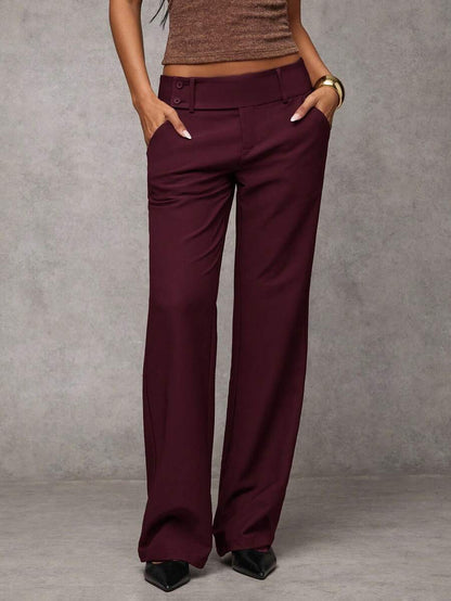 Antonia Low Rise Flare Leg Tailored Trousers with Pockets - Maroon