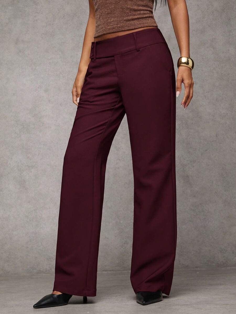 Antonia Low Rise Flare Leg Tailored Trousers with Pockets - Maroon