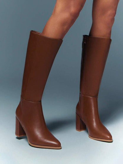 SHUZIA Staple Women's 2.5" Block Heel Snip Toe Premium Oil-Finished PU Black Knee High Boots– Sleek, Comfortable & Timeless, Elevate Your Look Season After Season For Christmas Valentine's Day Mensa