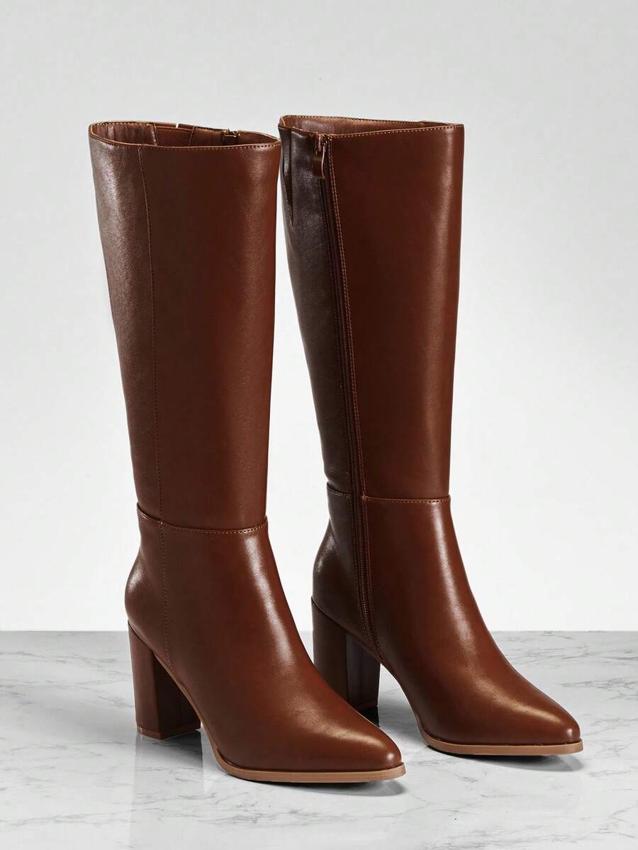 SHUZIA Staple Women's 2.5" Block Heel Snip Toe Premium Oil-Finished PU Black Knee High Boots– Sleek, Comfortable & Timeless, Elevate Your Look Season After Season For Christmas Valentine's Day Mensa