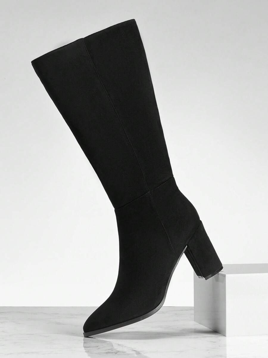 SHUZIA Staple Women's 2.5" Block Heel Snip Toe Premium Oil-Finished PU Black Knee High Boots– Sleek, Comfortable & Timeless, Elevate Your Look Season After Season For Christmas Valentine's Day Mensa