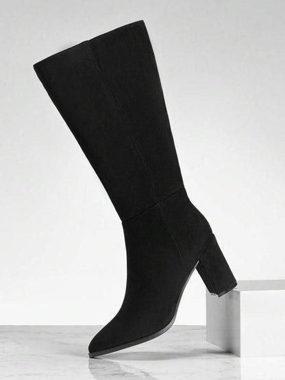 SHUZIA Staple Women's 2.5" Block Heel Snip Toe Premium Oil-Finished PU Black Knee High Boots– Sleek, Comfortable & Timeless, Elevate Your Look Season After Season For Christmas Valentine's Day Mensa