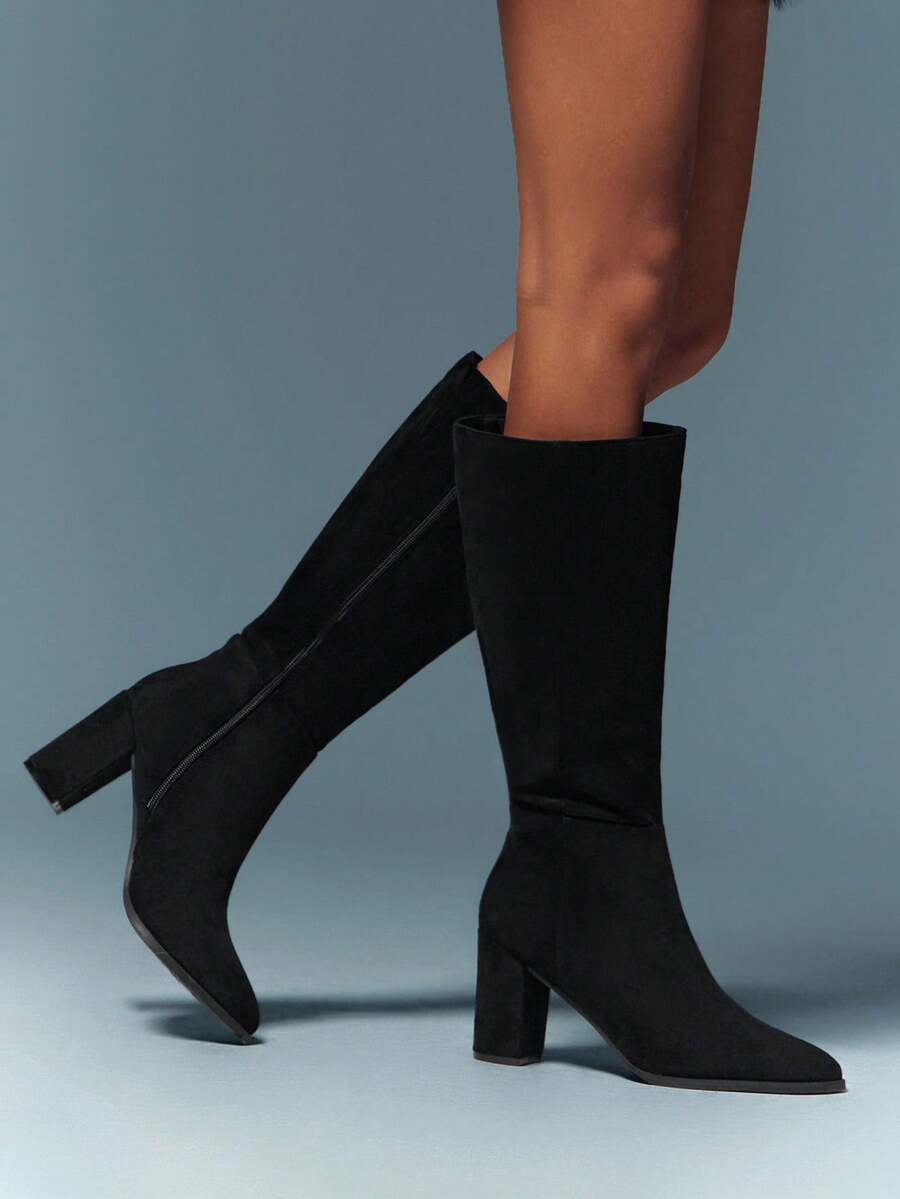 SHUZIA Staple Women's 2.5" Block Heel Snip Toe Premium Oil-Finished PU Black Knee High Boots– Sleek, Comfortable & Timeless, Elevate Your Look Season After Season For Christmas Valentine's Day Mensa