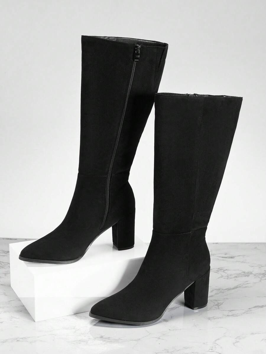 SHUZIA Staple Women's 2.5" Block Heel Snip Toe Premium Oil-Finished PU Black Knee High Boots– Sleek, Comfortable & Timeless, Elevate Your Look Season After Season For Christmas Valentine's Day Mensa