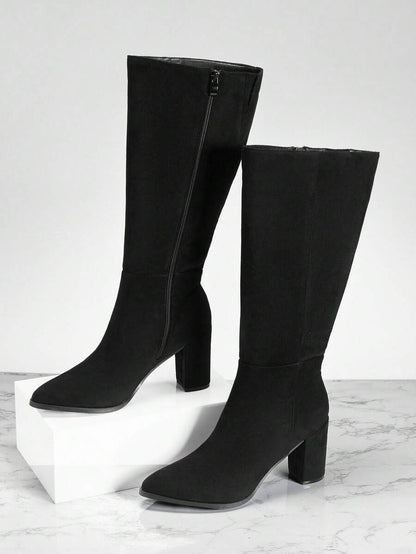 SHUZIA Staple Women's 2.5" Block Heel Snip Toe Premium Oil-Finished PU Black Knee High Boots– Sleek, Comfortable & Timeless, Elevate Your Look Season After Season For Christmas Valentine's Day Mensa