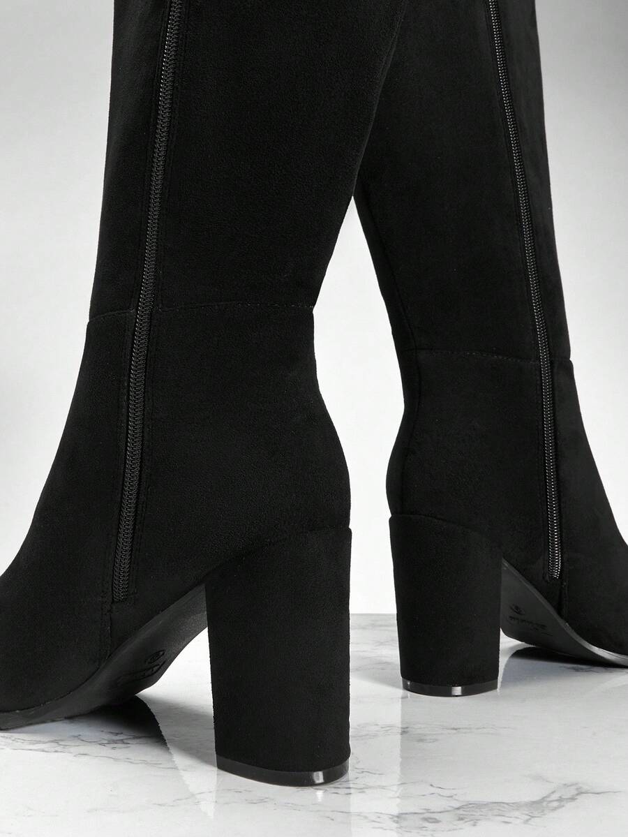 SHUZIA Staple Women's 2.5" Block Heel Snip Toe Premium Oil-Finished PU Black Knee High Boots– Sleek, Comfortable & Timeless, Elevate Your Look Season After Season For Christmas Valentine's Day Mensa