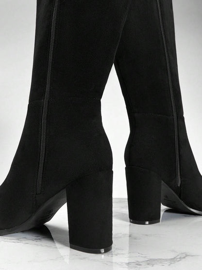 SHUZIA Staple Women's 2.5" Block Heel Snip Toe Premium Oil-Finished PU Black Knee High Boots– Sleek, Comfortable & Timeless, Elevate Your Look Season After Season For Christmas Valentine's Day Mensa