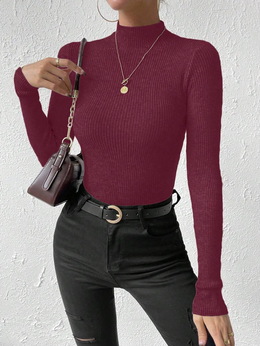 Verity Slim Ribbed Mock Neck Sweater Long Sleeve Pullover - Burgundy