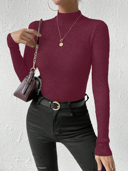 Verity Slim Ribbed Mock Neck Sweater Long Sleeve Pullover - Burgundy