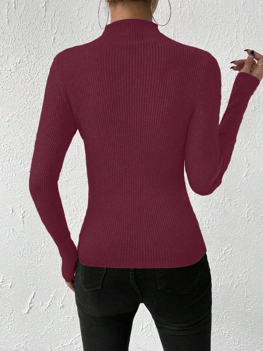 Verity Slim Ribbed Mock Neck Sweater Long Sleeve Pullover - Burgundy