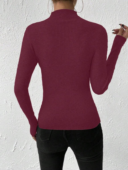 Verity Slim Ribbed Mock Neck Sweater Long Sleeve Pullover - Burgundy