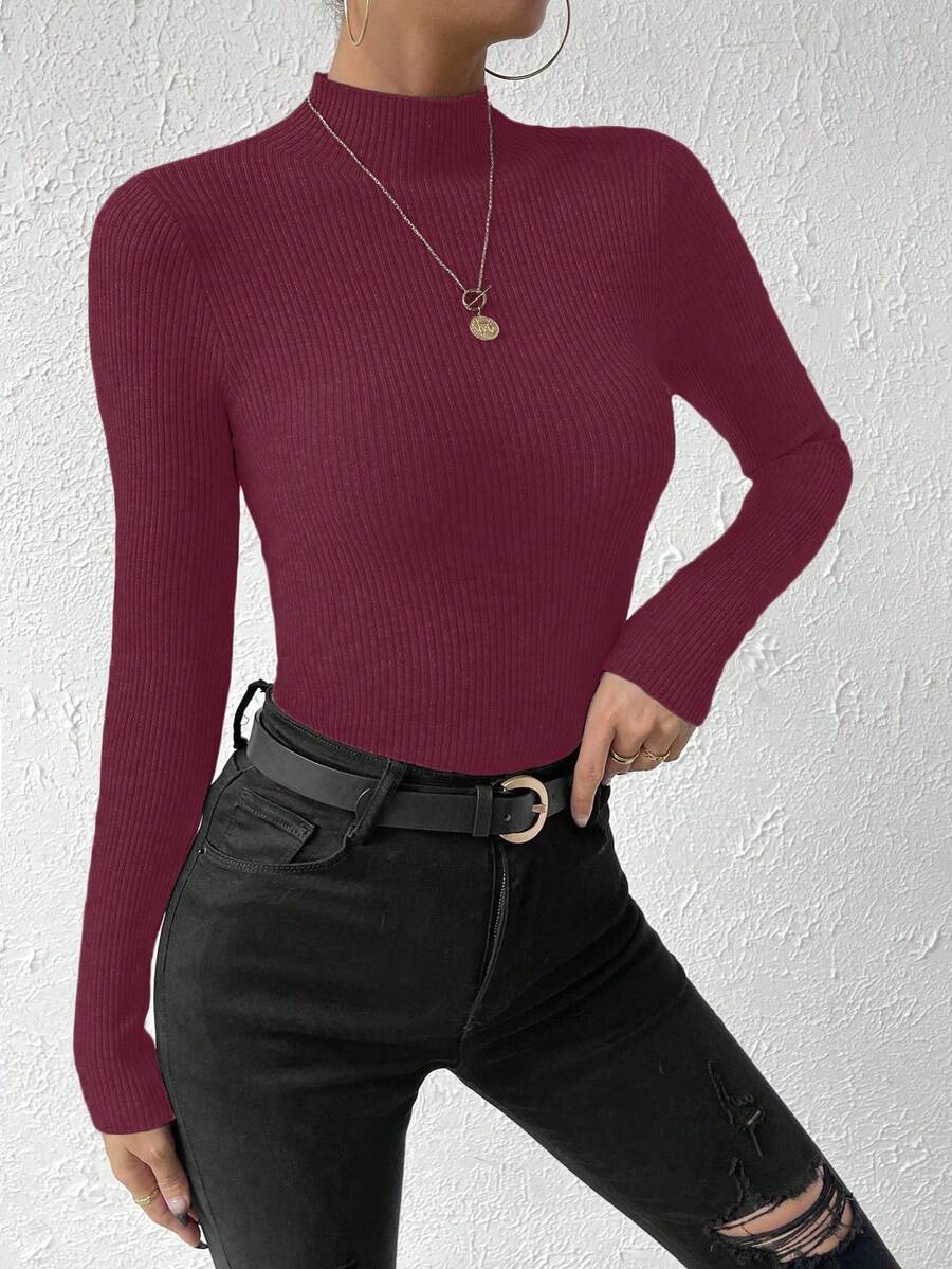 Verity Slim Ribbed Mock Neck Sweater Long Sleeve Pullover - Burgundy