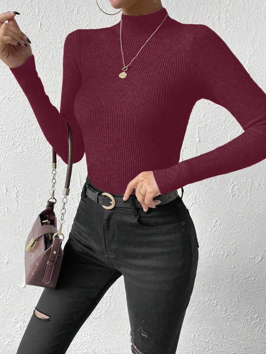 Verity Slim Ribbed Mock Neck Sweater Long Sleeve Pullover - Burgundy