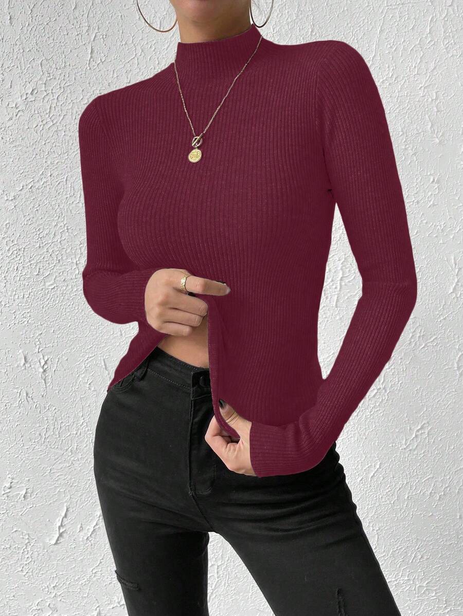 Verity Slim Ribbed Mock Neck Sweater Long Sleeve Pullover - Burgundy