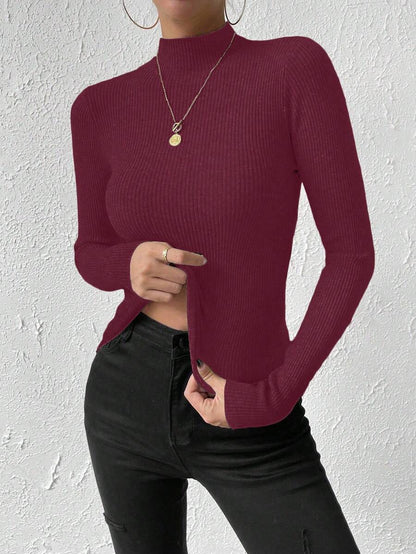 Verity Slim Ribbed Mock Neck Sweater Long Sleeve Pullover - Burgundy