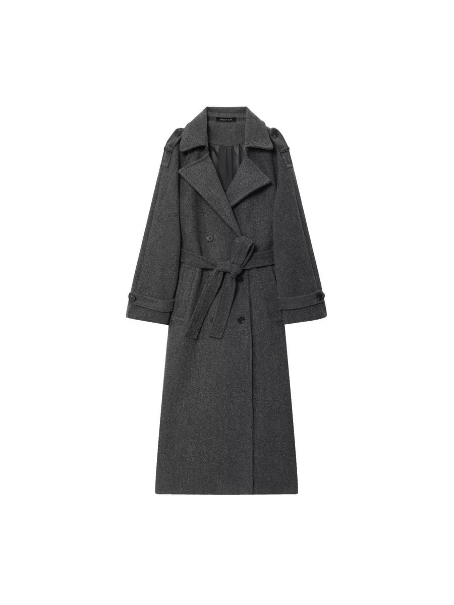 Laurel Double Breasted Belted Long Coat with Peak Lapels - Charcoal Grey