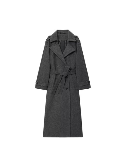 Laurel Double Breasted Belted Long Coat with Peak Lapels - Charcoal Grey