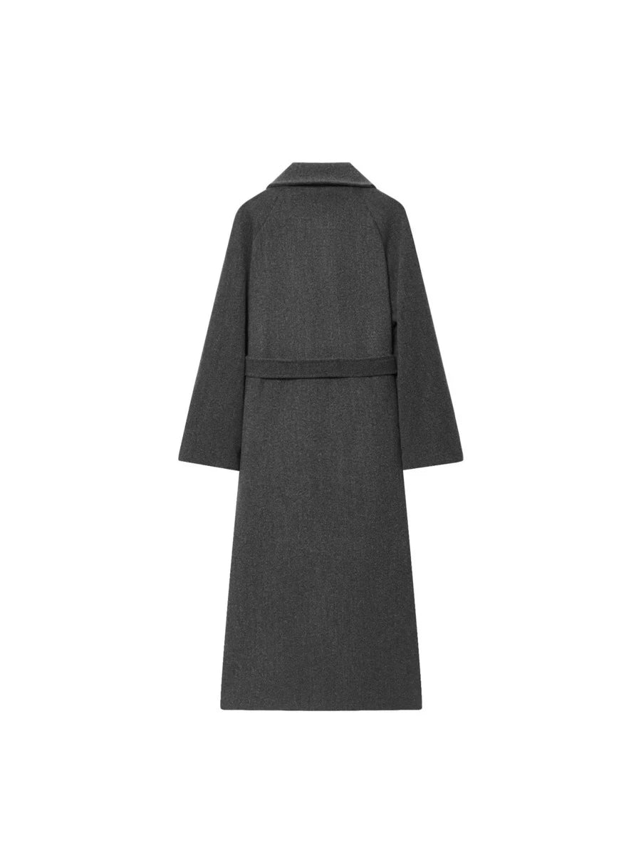 Laurel Double Breasted Belted Long Coat with Peak Lapels - Charcoal Grey