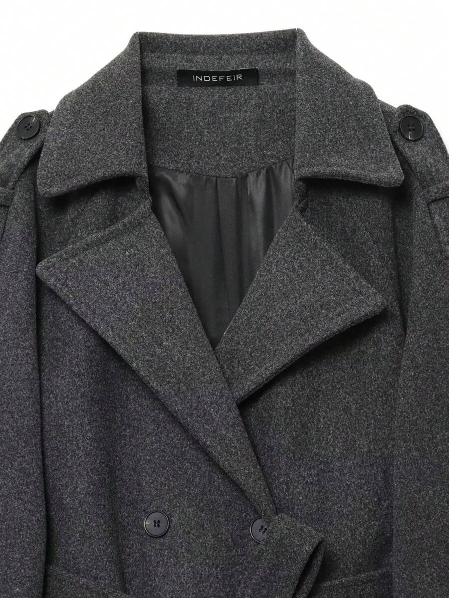 Laurel Double Breasted Belted Long Coat with Peak Lapels - Charcoal Grey