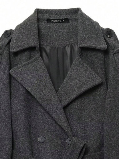 Laurel Double Breasted Belted Long Coat with Peak Lapels - Charcoal Grey