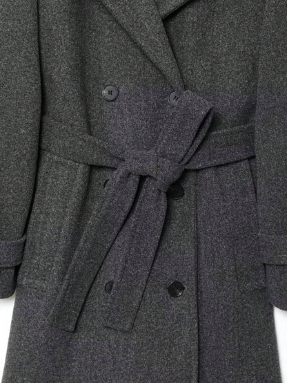 Laurel Double Breasted Belted Long Coat with Peak Lapels - Charcoal Grey