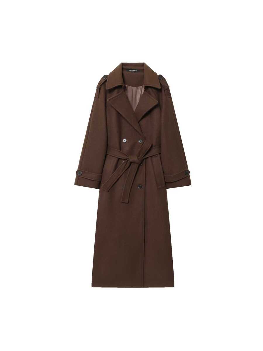 Laurel Double Breasted Belted Long Coat with Peak Lapels - Brown