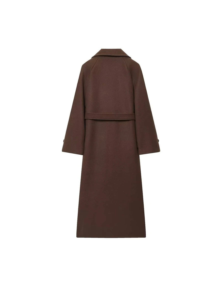 Laurel Double Breasted Belted Long Coat with Peak Lapels - Brown