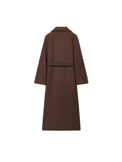 Laurel Double Breasted Belted Long Coat with Peak Lapels - Brown