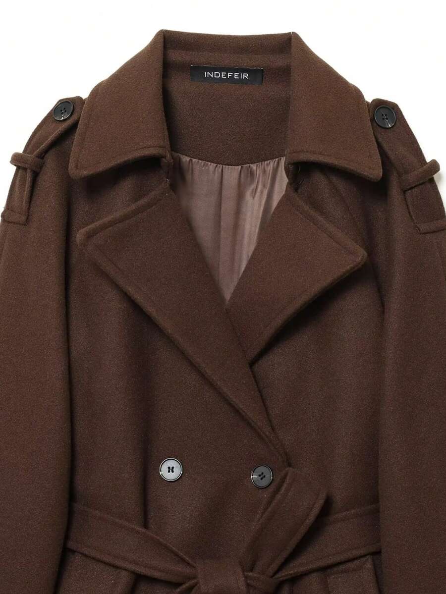 Laurel Double Breasted Belted Long Coat with Peak Lapels - Brown