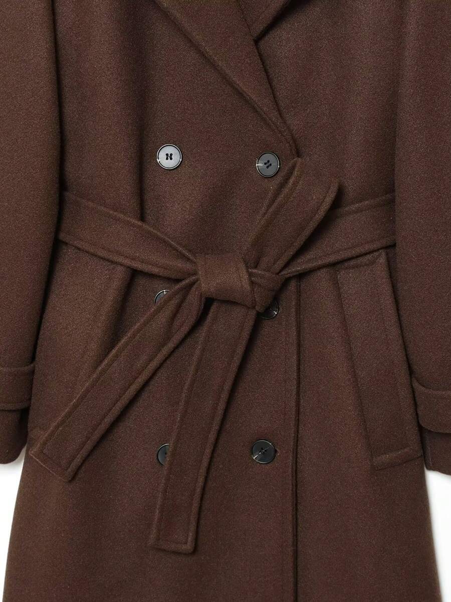 Laurel Double Breasted Belted Long Coat with Peak Lapels - Brown