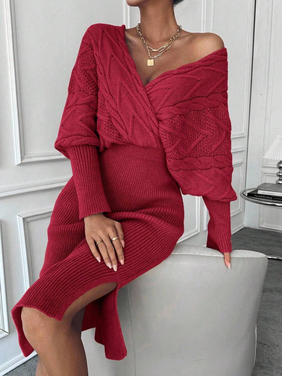 Women's Cable Knit Wrap Sweater Dress, Batwing Sleeve Knit Dress for Fall Winter - Burgundy