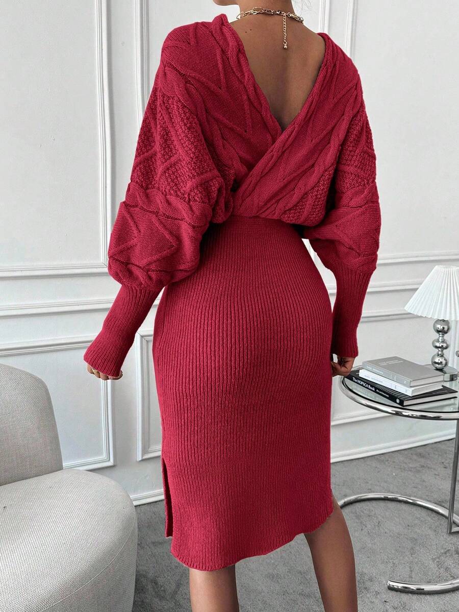 Women's Cable Knit Wrap Sweater Dress, Batwing Sleeve Knit Dress for Fall Winter - Navy Blue