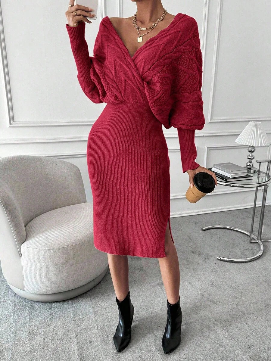 Women's Cable Knit Wrap Sweater Dress, Batwing Sleeve Knit Dress for Fall Winter - Navy Blue