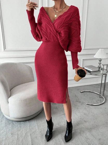 Women's Cable Knit Wrap Sweater Dress, Batwing Sleeve Knit Dress for Fall Winter - Navy Blue
