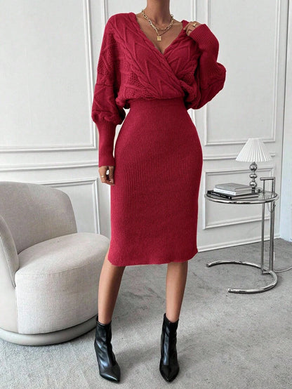 Women's Cable Knit Wrap Sweater Dress, Batwing Sleeve Knit Dress for Fall Winter - Navy Blue
