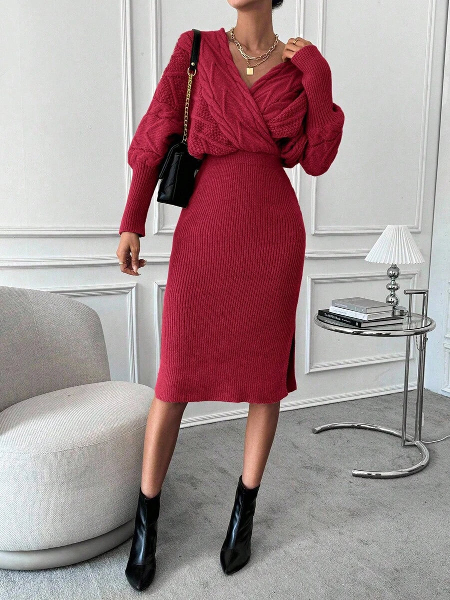 Women's Cable Knit Wrap Sweater Dress, Batwing Sleeve Knit Dress for Fall Winter - Navy Blue