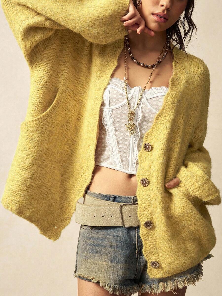 Megeve Oversized Fuzzy Knit Button Front Cardigan - Pale Yellow