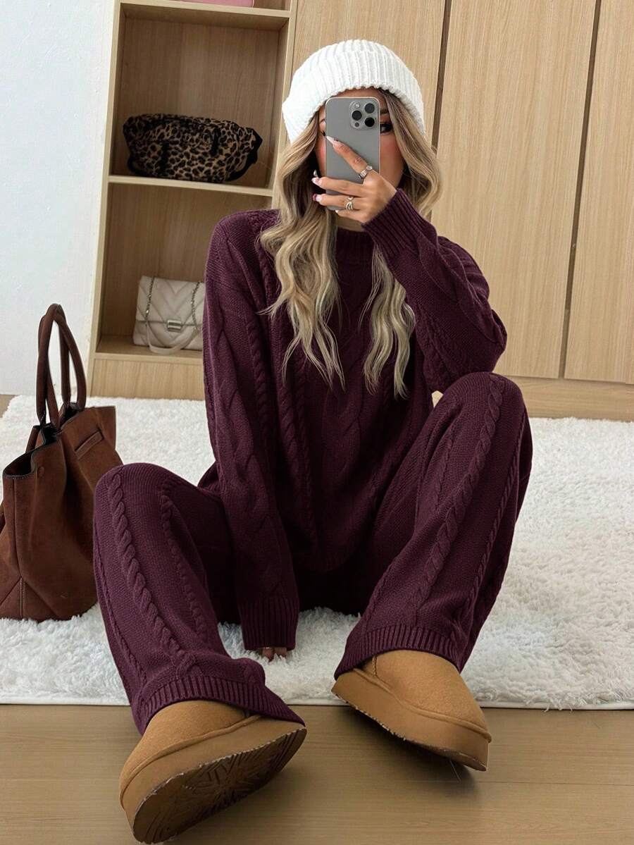 Ginevra 2 Piece Sweater Set Cable Knit Pullover and Wide Leg Pants - Burgundy