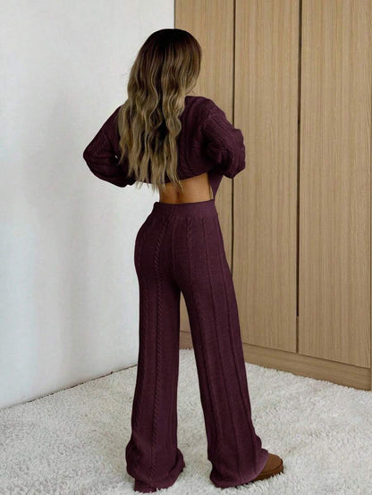 Ginevra 2 Piece Sweater Set Cable Knit Pullover and Wide Leg Pants - Burgundy