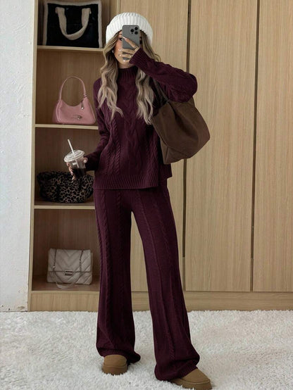 Ginevra 2 Piece Sweater Set Cable Knit Pullover and Wide Leg Pants - Burgundy