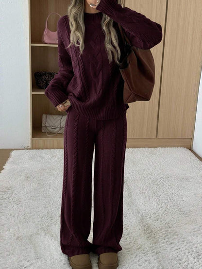Ginevra 2 Piece Sweater Set Cable Knit Pullover and Wide Leg Pants - Burgundy