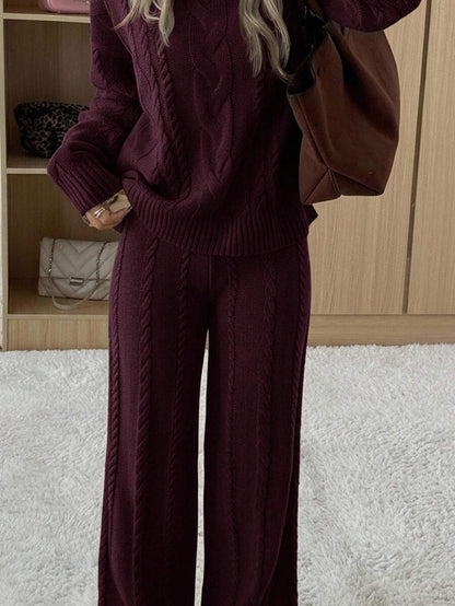 Ginevra 2 Piece Sweater Set Cable Knit Pullover and Wide Leg Pants - Burgundy