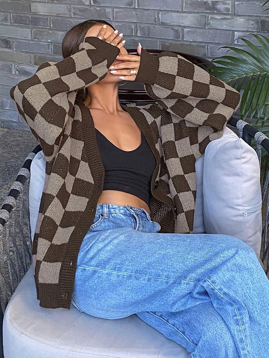 Waverly Checkerboard Knit Cardigan - Brown