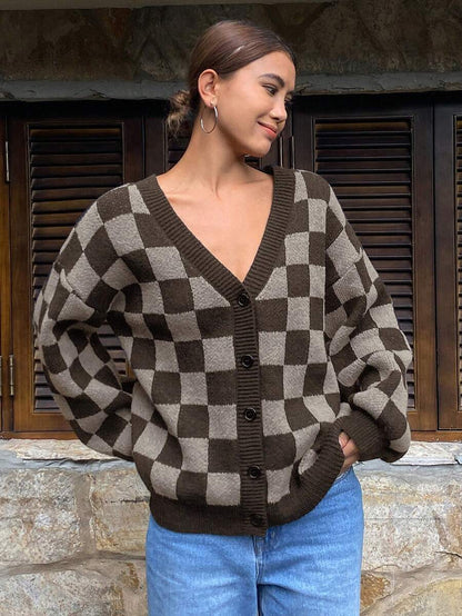 Waverly Checkerboard Knit Cardigan - Brown